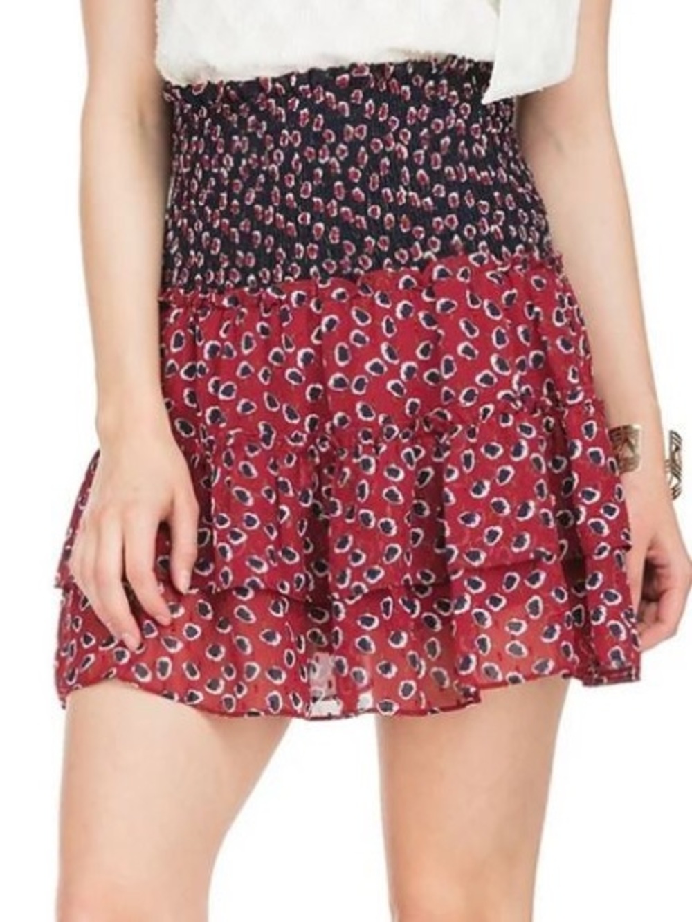 Joy Joy Smocked Waist Red Printed Tiered Mini Skirt